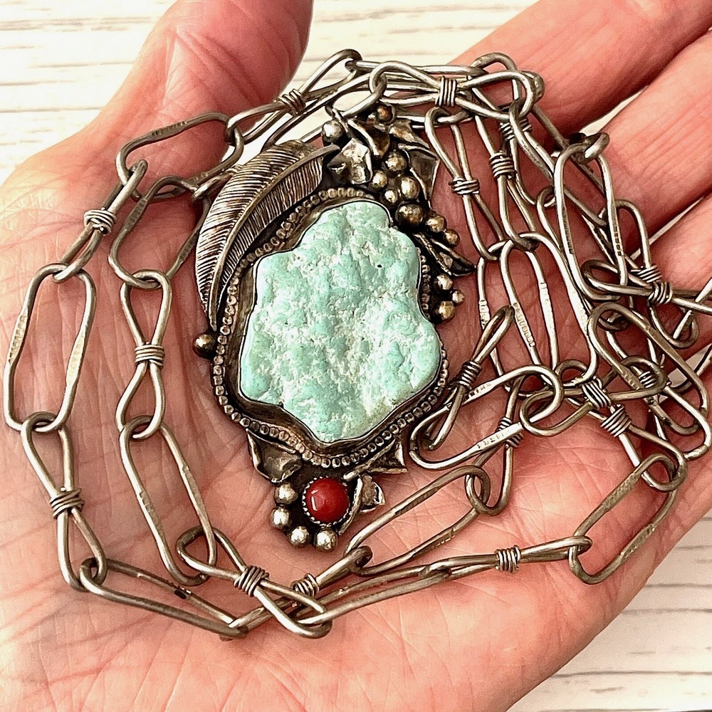 VTG Navajo Turquoise Pendant 2.5in Seafoam Nugget Paperclip Chain Necklace Old‎